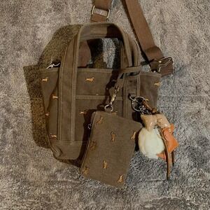 Madden Girl Brown Canvas dachshund dog print mini tote bag